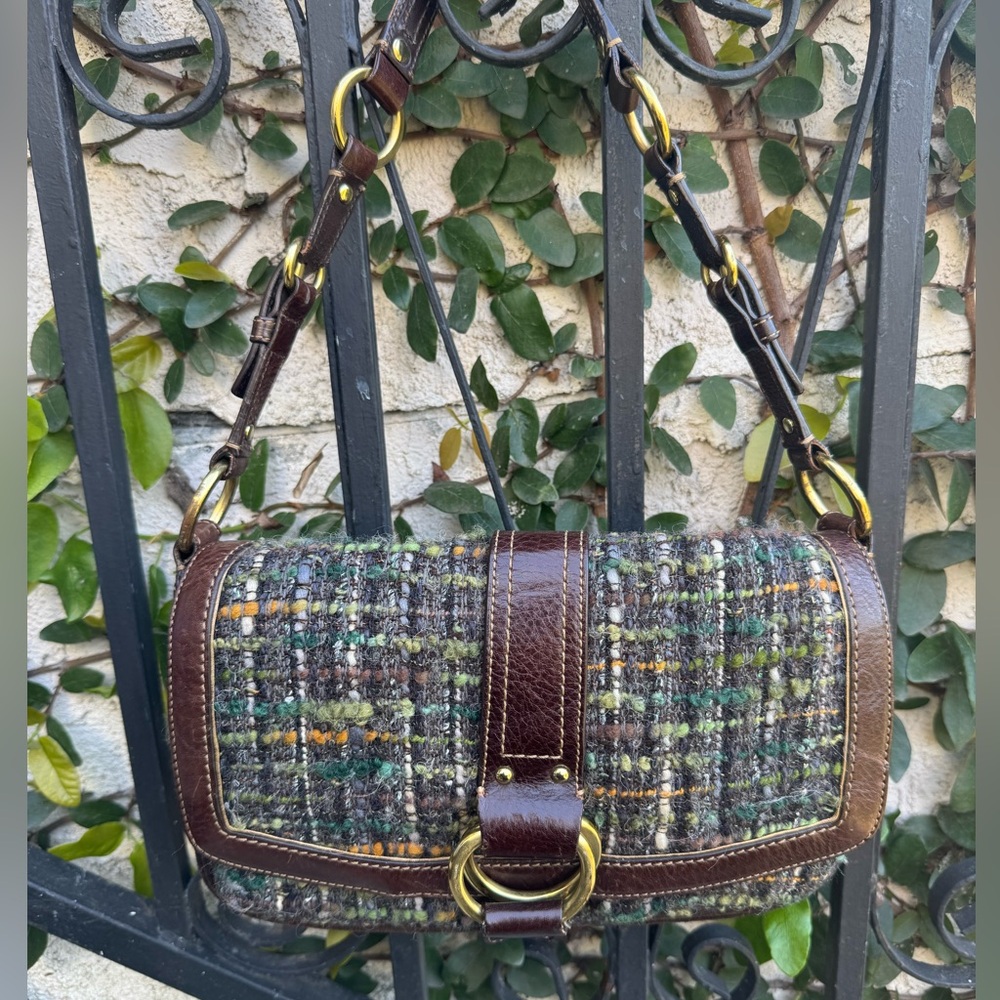 Elegant Green Tweed and Leather Coach Bag